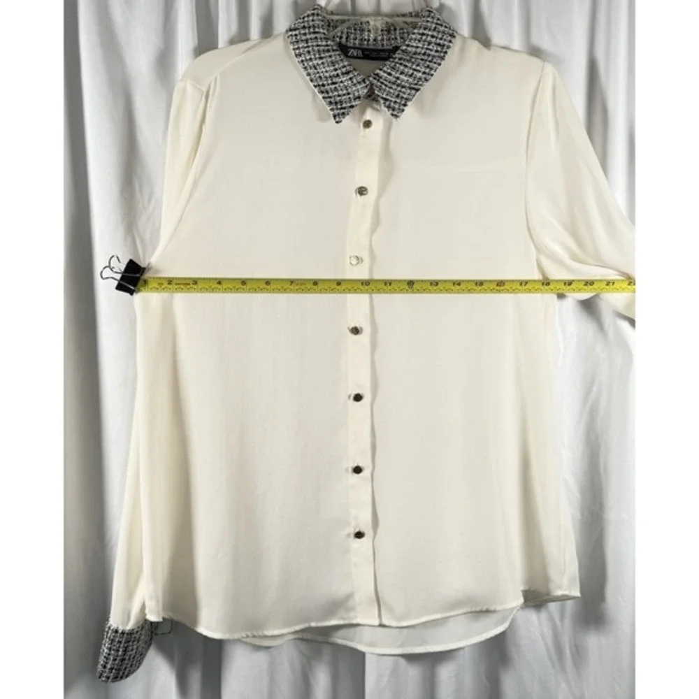 ZARA Cream Tweed Collar‎ Button Up Long Sleeve Blouse Women's L 88-21